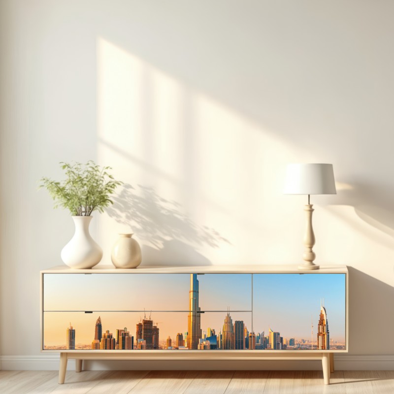 Repositionierbarer Aufkleber Dubai skyline in der goldenen stunde – Wallnifity® Repositionierbarer Aufkleber Dubai skyline in der goldenen stunde – Wallnifity®