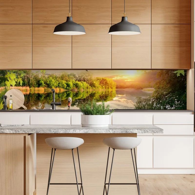 Repositionierbarer Aufkleber sonnenuntergang mit schwan auf stillem see – Wallnifity® Repositionierbarer Aufkleber sonnenuntergang mit schwan auf stillem see – Wallnifity®
