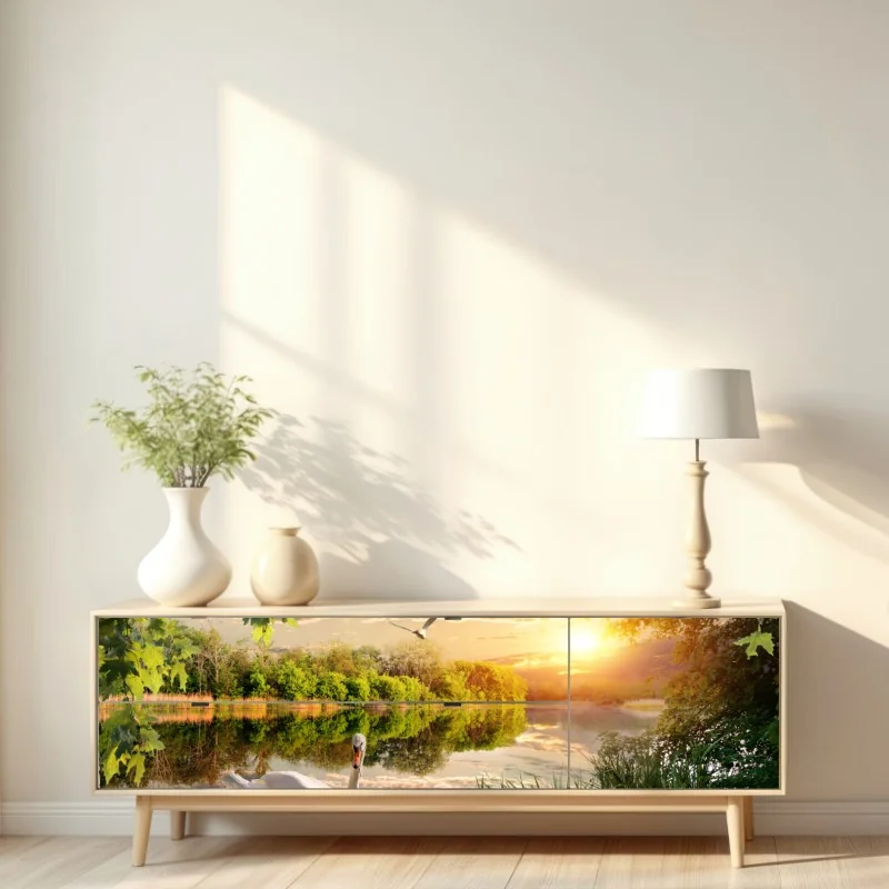 Repositionierbarer Aufkleber sonnenuntergang mit schwan auf stillem see – Wallnifity® Repositionierbarer Aufkleber sonnenuntergang mit schwan auf stillem see – Wallnifity®