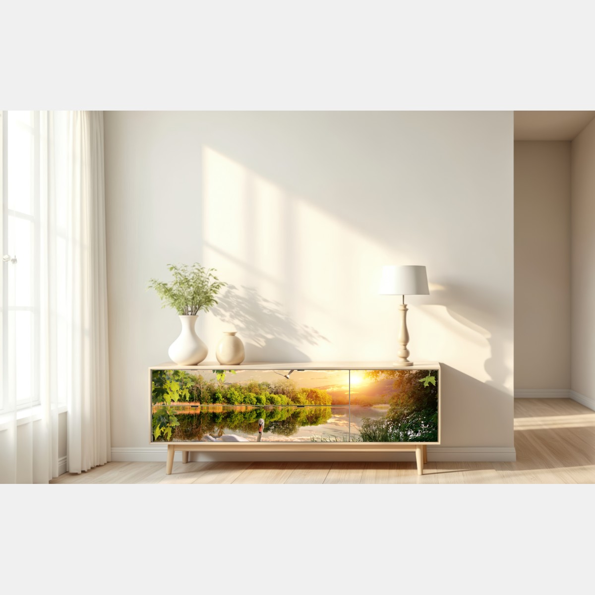 Repositionierbarer Aufkleber sonnenuntergang mit schwan auf stillem see – Wallnifity® Repositionierbarer Aufkleber sonnenuntergang mit schwan auf stillem see – Wallnifity®
