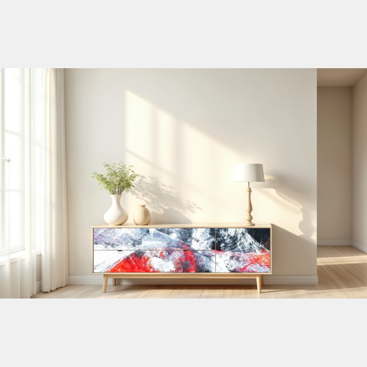 Repositionierbarer Aufkleber dynamische rote und weiße abstrakte komposition – Wallnifity® Repositionierbarer Aufkleber dynamische rote und weiße abstrakte komposition – Wallnifity®
