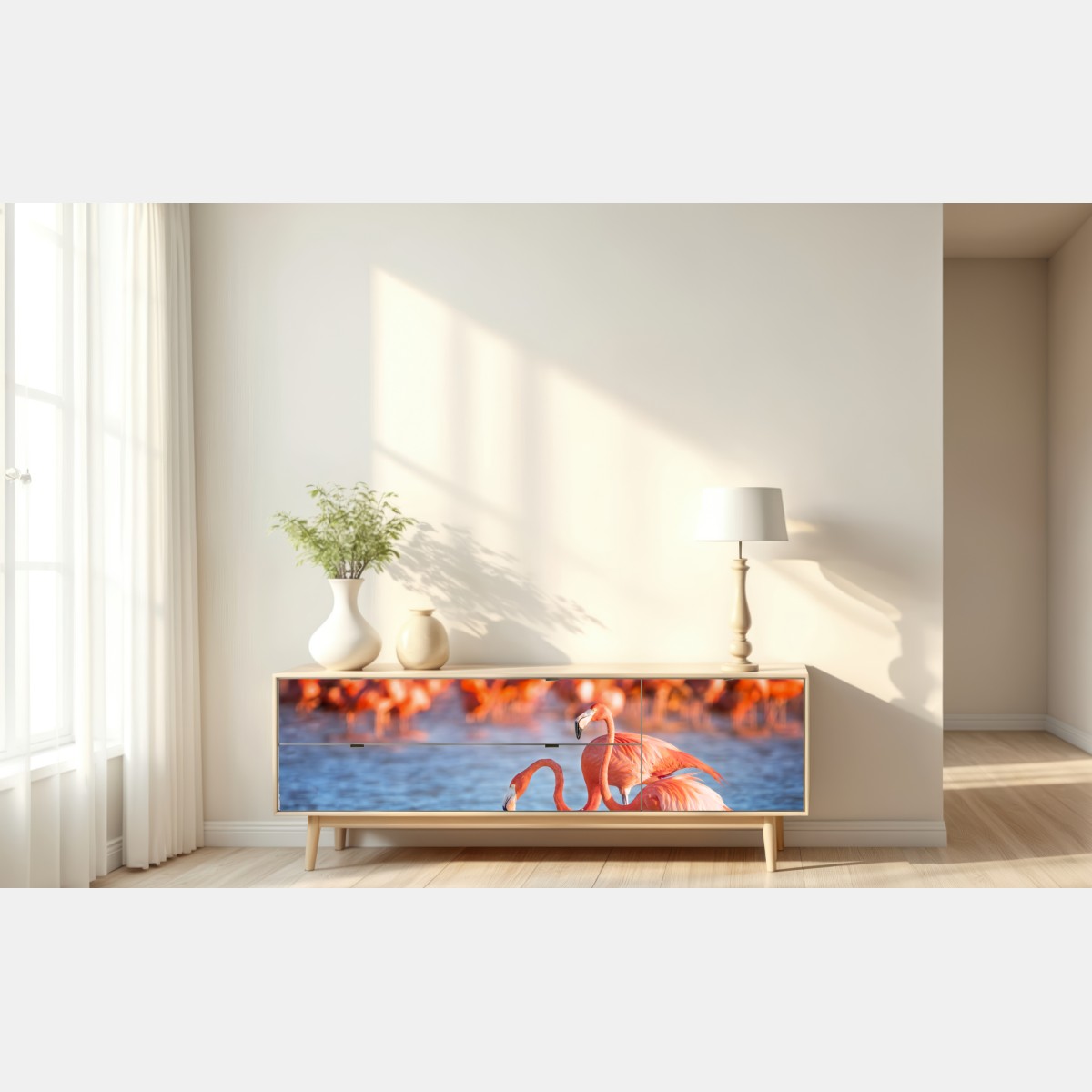 Repositionierbarer Aufkleber anmutige flamingos im flachen wasser – Wallnifity® Repositionierbarer Aufkleber anmutige flamingos im flachen wasser – Wallnifity®