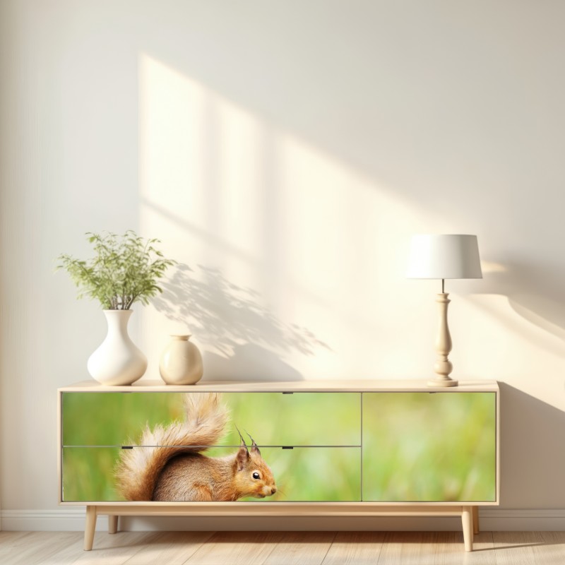 Repositionierbarer Aufkleber rotes eichhörnchen auf moosigem stamm – Wallnifity® Repositionierbarer Aufkleber rotes eichhörnchen auf moosigem stamm – Wallnifity®