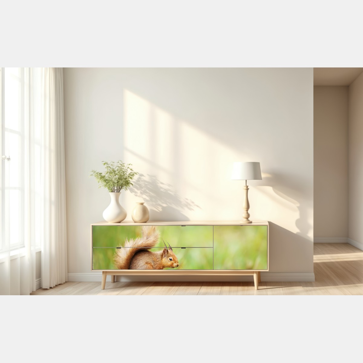 Repositionierbarer Aufkleber rotes eichhörnchen auf moosigem stamm – Wallnifity® Repositionierbarer Aufkleber rotes eichhörnchen auf moosigem stamm – Wallnifity®