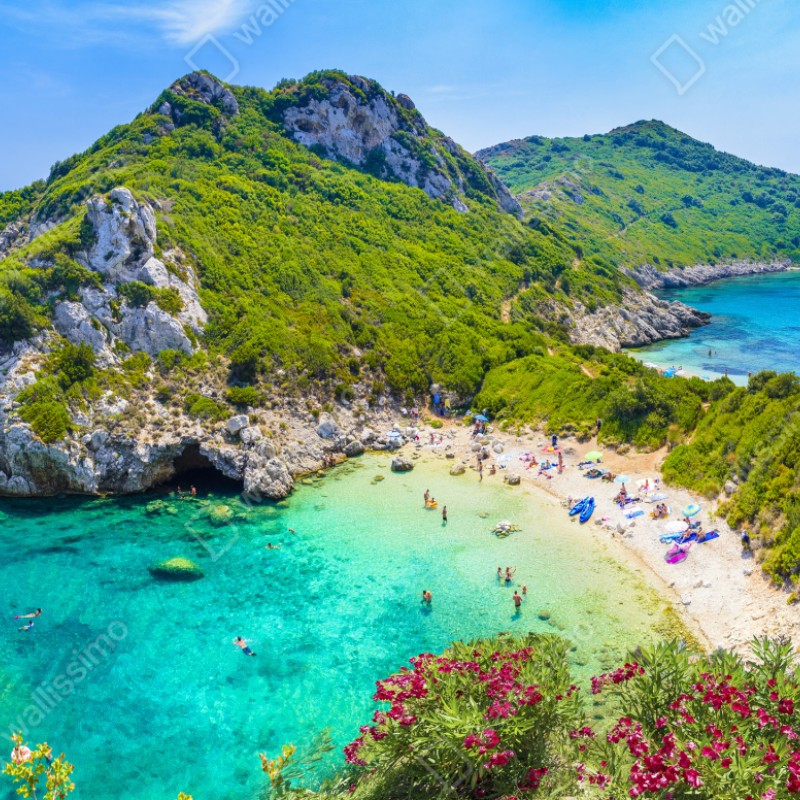 Repositionierbarer Aufkleber Porto Timoni panoramischer strand, Korfu – Wallnifity® Repositionierbarer Aufkleber Porto Timoni panoramischer strand, Korfu – Wallnifity®