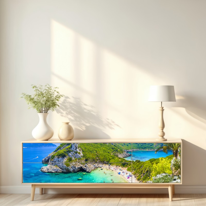 Repositionierbarer Aufkleber Porto Timoni panoramischer strand, Korfu – Wallnifity® Repositionierbarer Aufkleber Porto Timoni panoramischer strand, Korfu – Wallnifity®