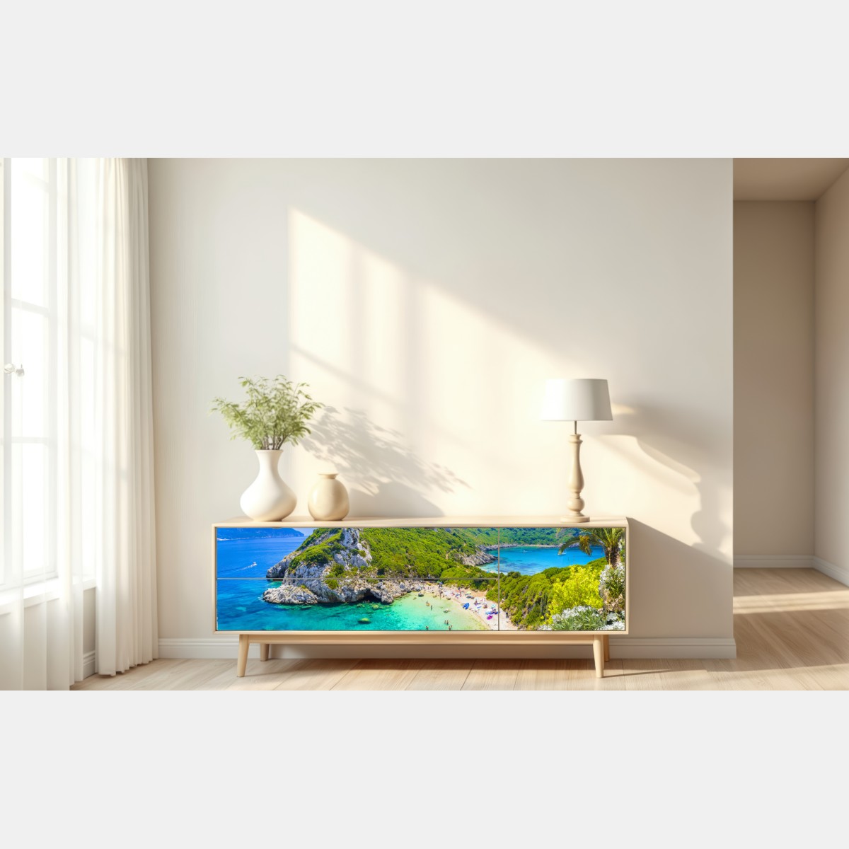 Repositionierbarer Aufkleber Porto Timoni panoramischer strand, Korfu – Wallnifity® Repositionierbarer Aufkleber Porto Timoni panoramischer strand, Korfu – Wallnifity®