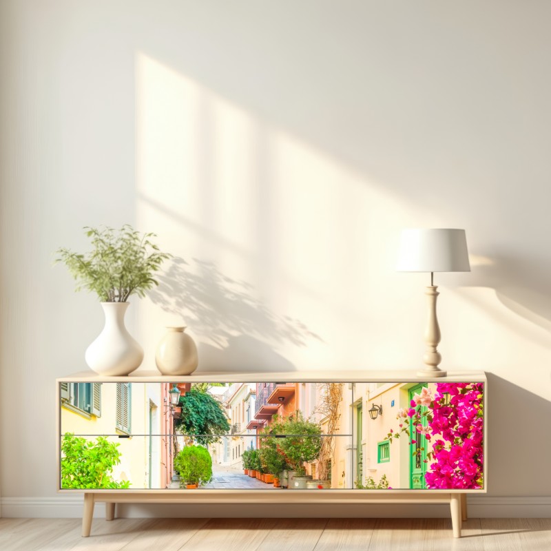 Repositionierbarer Aufkleber sonnige griechische gasse mit bougainvillea – Wallnifity® Repositionierbarer Aufkleber sonnige griechische gasse mit bougainvillea – Wallnifity®