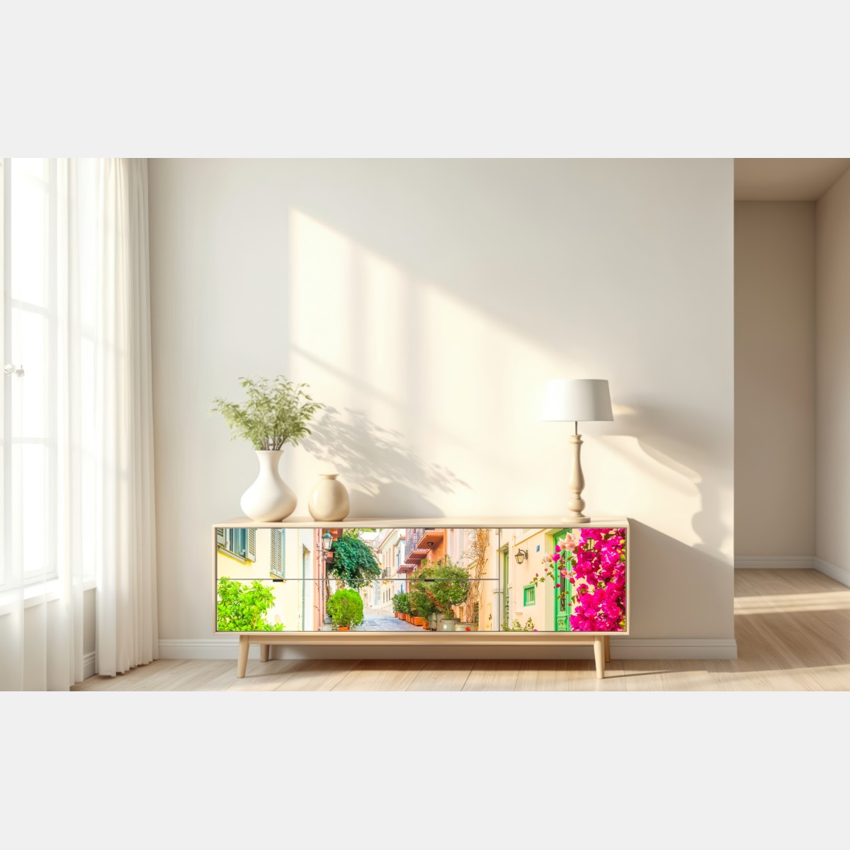 Repositionierbarer Aufkleber sonnige griechische gasse mit bougainvillea – Wallnifity® Repositionierbarer Aufkleber sonnige griechische gasse mit bougainvillea – Wallnifity®