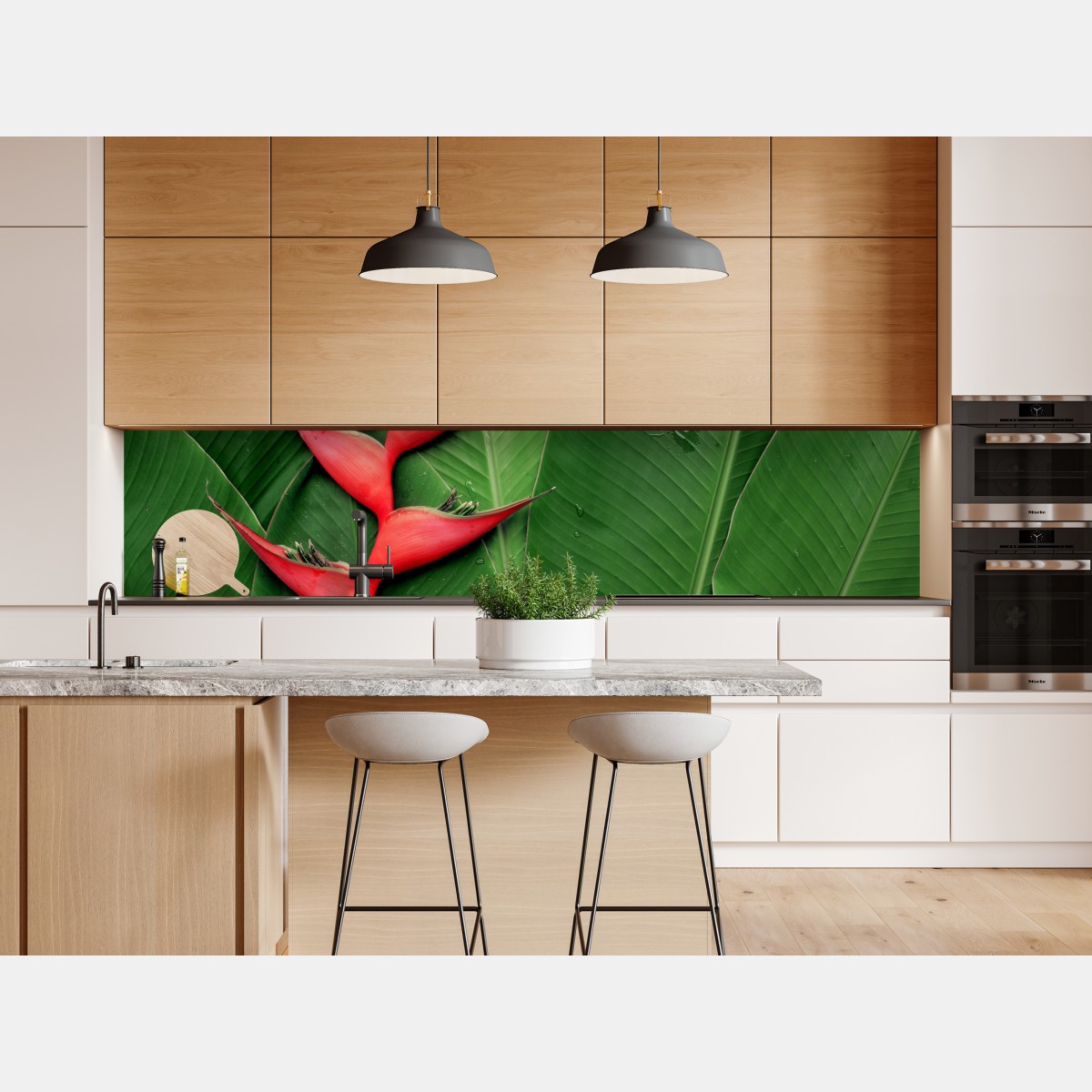 Repositionierbarer Aufkleber leuchtende heliconia auf tropischen blättern – Wallnifity® Repositionierbarer Aufkleber leuchtende heliconia auf tropischen blättern – Wallnifity®