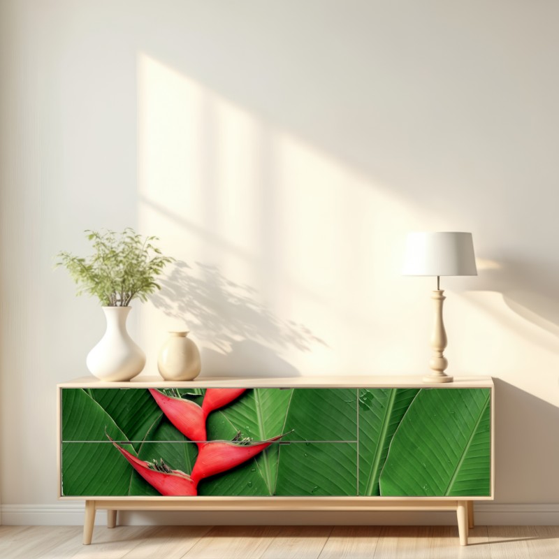 Repositionierbarer Aufkleber leuchtende heliconia auf tropischen blättern – Wallnifity® Repositionierbarer Aufkleber leuchtende heliconia auf tropischen blättern – Wallnifity®