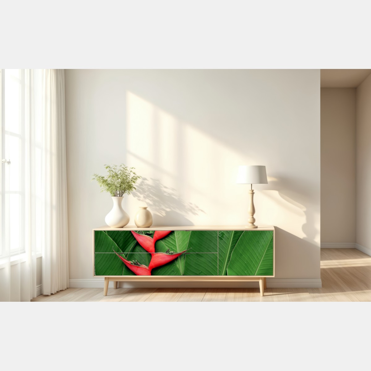 Repositionierbarer Aufkleber leuchtende heliconia auf tropischen blättern – Wallnifity® Repositionierbarer Aufkleber leuchtende heliconia auf tropischen blättern – Wallnifity®