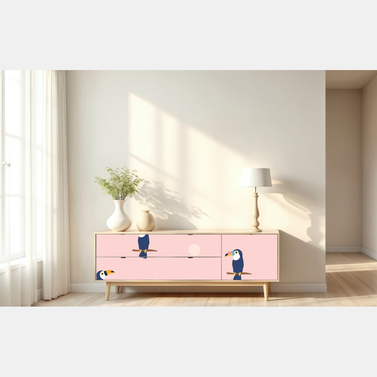 Repositionierbarer Aufkleber verspieltes tukanmuster auf pastellrosa – Wallnifity® Repositionierbarer Aufkleber verspieltes tukanmuster auf pastellrosa – Wallnifity®