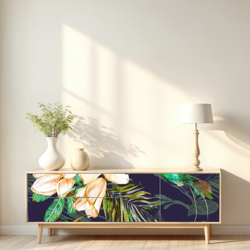 Repositionierbarer Aufkleber tropische kolibris und plumeria in aquarell – Wallnifity® Repositionierbarer Aufkleber tropische kolibris und plumeria in aquarell – Wallnifity®
