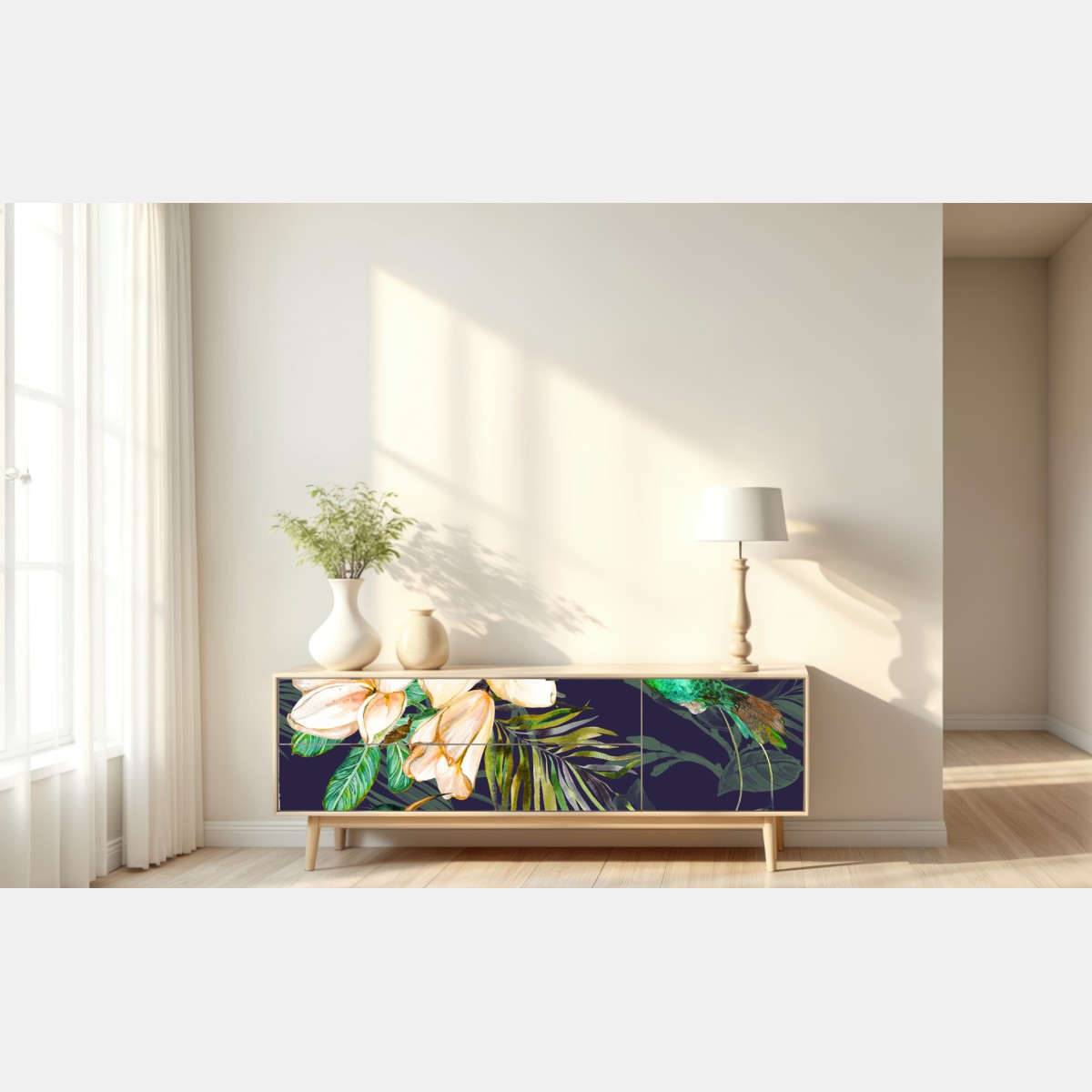 Repositionierbarer Aufkleber tropische kolibris und plumeria in aquarell – Wallnifity® Repositionierbarer Aufkleber tropische kolibris und plumeria in aquarell – Wallnifity®