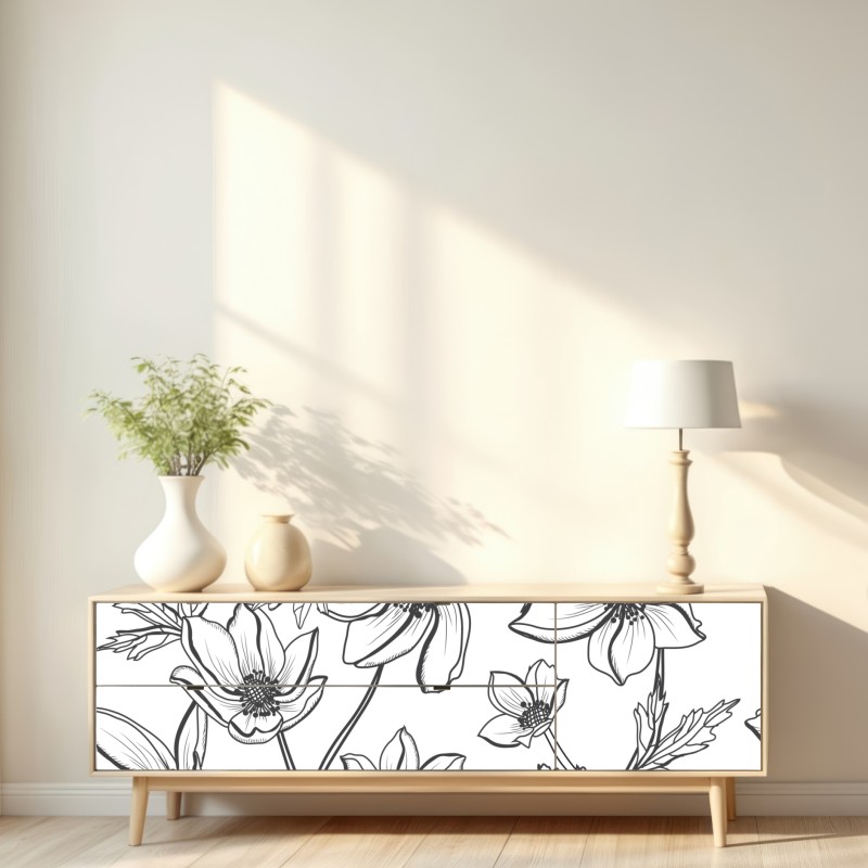Repositionierbarer Aufkleber botanische linienzeichnung mit blumen – Wallnifity® Repositionierbarer Aufkleber botanische linienzeichnung mit blumen – Wallnifity®