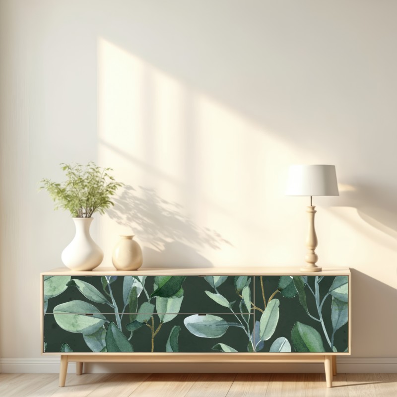 Repositionierbarer Aufkleber aquarell eukalyptusblätter muster auf dunkelgrünem hintergrund – Wallnifity® Repositionierbarer Aufkleber aquarell eukalyptusblätter muster auf dunkelgrünem hintergrund – Wallnifity®