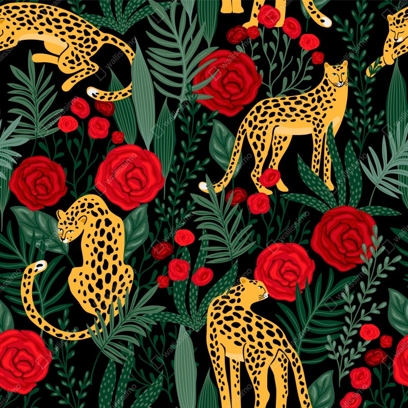 Repositionierbarer Aufkleber exotisches muster mit leoparden und rosen – Wallnifity® Repositionierbarer Aufkleber exotisches muster mit leoparden und rosen – Wallnifity®