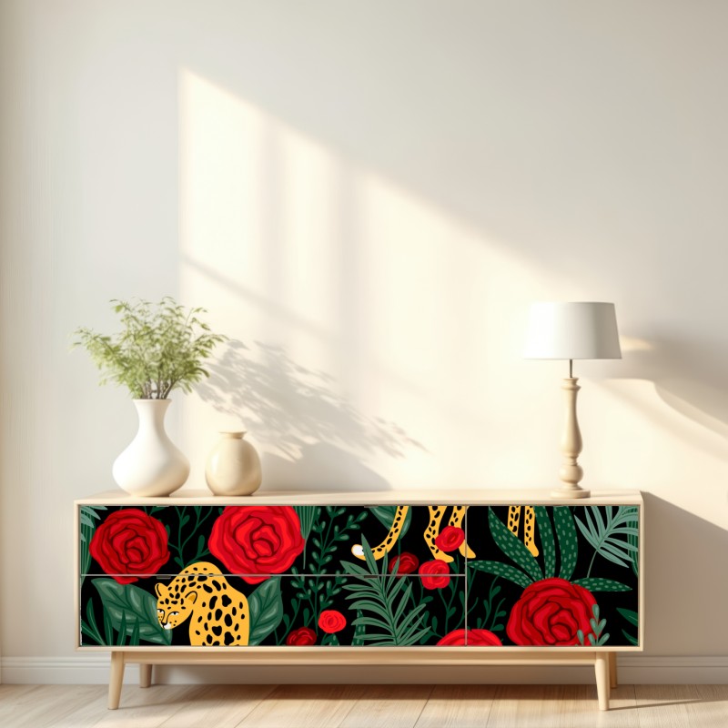 Repositionierbarer Aufkleber exotisches muster mit leoparden und rosen – Wallnifity® Repositionierbarer Aufkleber exotisches muster mit leoparden und rosen – Wallnifity®