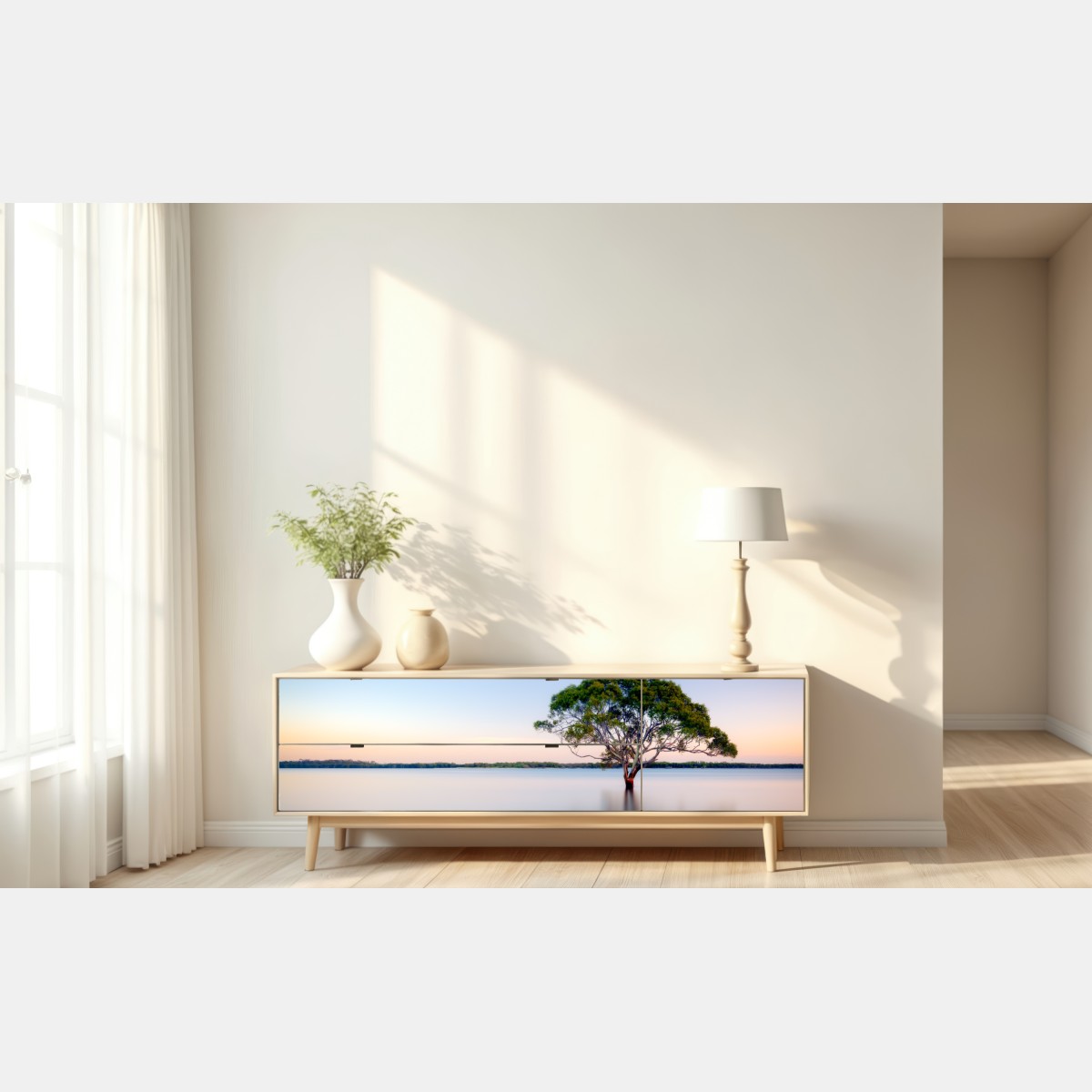 Repositionierbarer Aufkleber einsamer baum am stillen see – Wallnifity® Repositionierbarer Aufkleber einsamer baum am stillen see – Wallnifity®