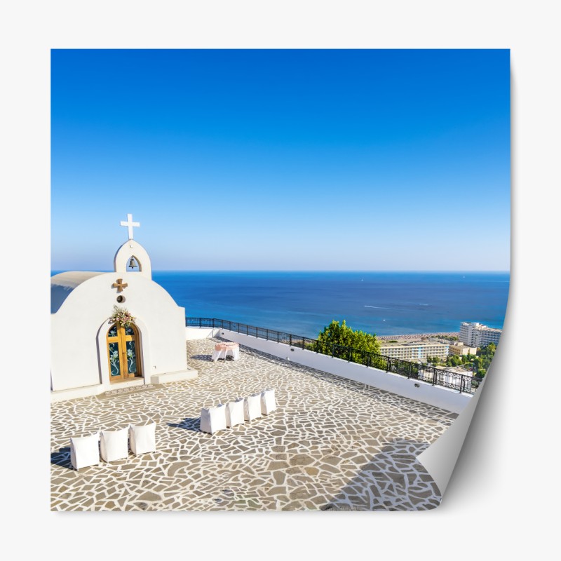 Repositionierbarer Aufkleber weiße kapelle mit meerblick in Faliraki – Wallnifity® Repositionierbarer Aufkleber weiße kapelle mit meerblick in Faliraki – Wallnifity®