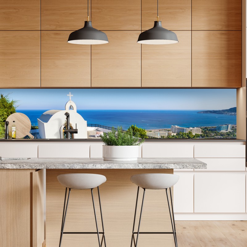 Repositionierbarer Aufkleber weiße kapelle mit meerblick in Faliraki – Wallnifity® Repositionierbarer Aufkleber weiße kapelle mit meerblick in Faliraki – Wallnifity®