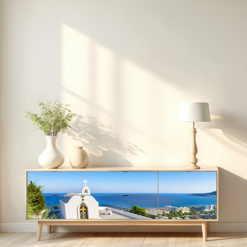Repositionierbarer Aufkleber weiße kapelle mit meerblick in Faliraki – Wallnifity® Repositionierbarer Aufkleber weiße kapelle mit meerblick in Faliraki – Wallnifity®