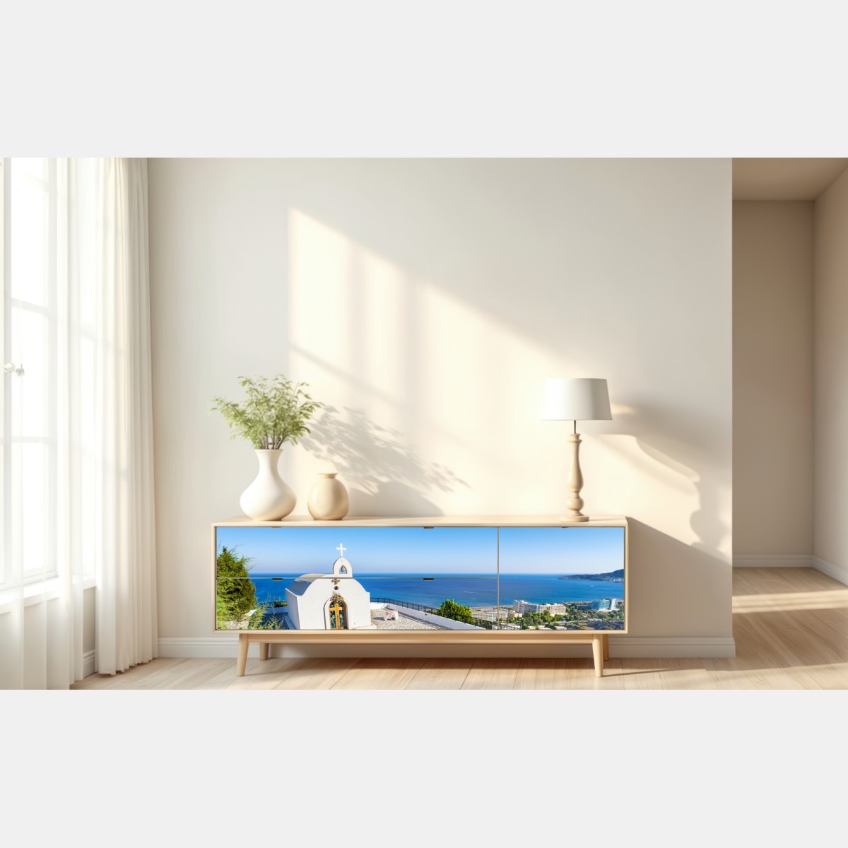 Repositionierbarer Aufkleber weiße kapelle mit meerblick in Faliraki – Wallnifity® Repositionierbarer Aufkleber weiße kapelle mit meerblick in Faliraki – Wallnifity®