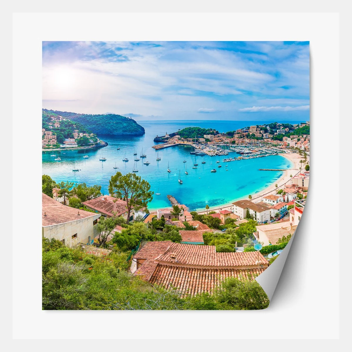 Repositionierbarer Aufkleber sonnige panoramaaufnahme von Port de Soller – Wallnifity® Repositionierbarer Aufkleber sonnige panoramaaufnahme von Port de Soller – Wallnifity®