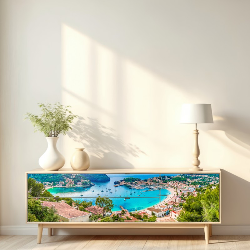 Repositionierbarer Aufkleber sonnige panoramaaufnahme von Port de Soller – Wallnifity® Repositionierbarer Aufkleber sonnige panoramaaufnahme von Port de Soller – Wallnifity®