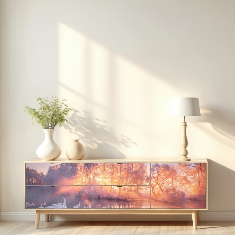 Repositionierbarer Aufkleber winterlicher sonnenaufgang über zugefrorenem fluss – Wallnifity® Repositionierbarer Aufkleber winterlicher sonnenaufgang über zugefrorenem fluss – Wallnifity®