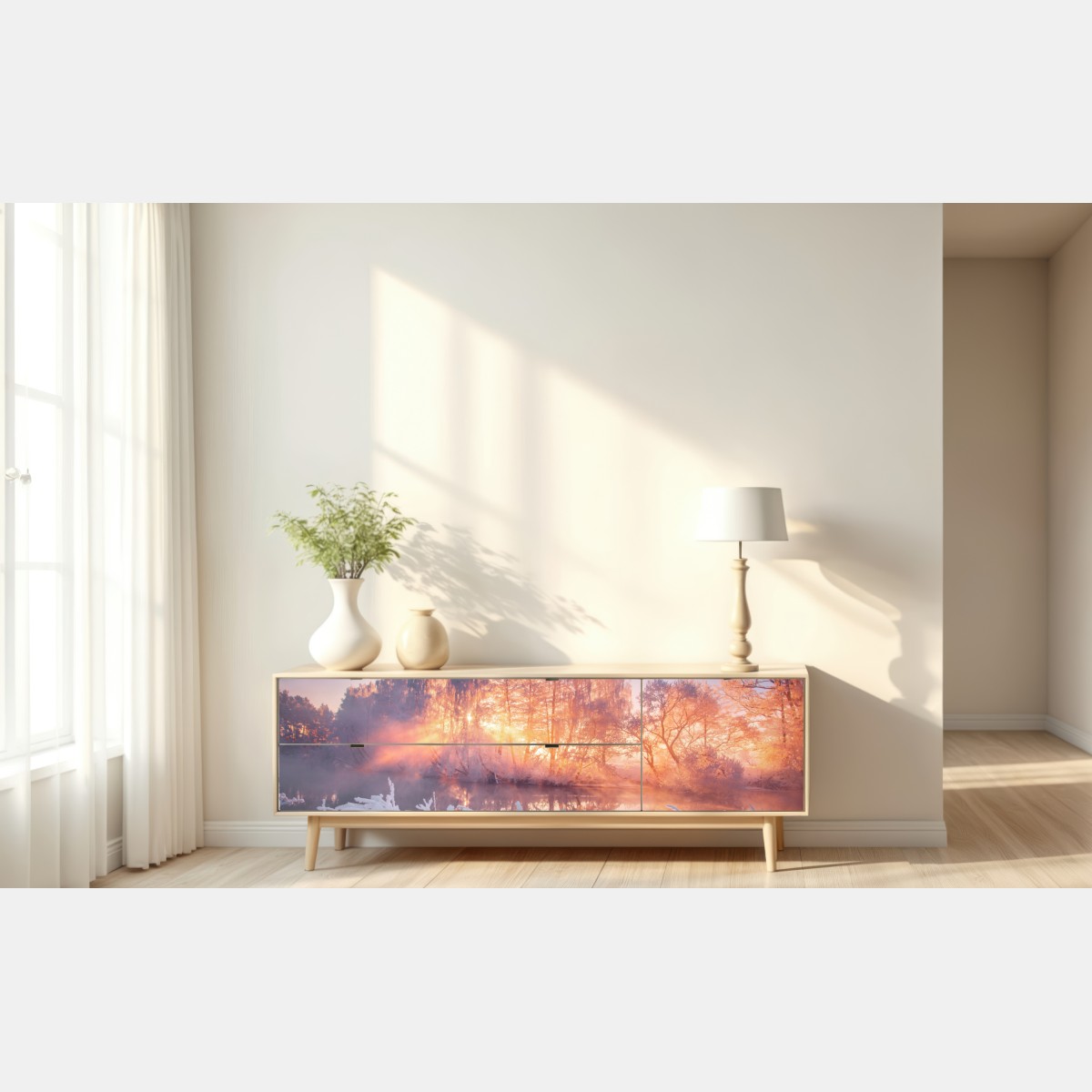 Repositionierbarer Aufkleber winterlicher sonnenaufgang über zugefrorenem fluss – Wallnifity® Repositionierbarer Aufkleber winterlicher sonnenaufgang über zugefrorenem fluss – Wallnifity®