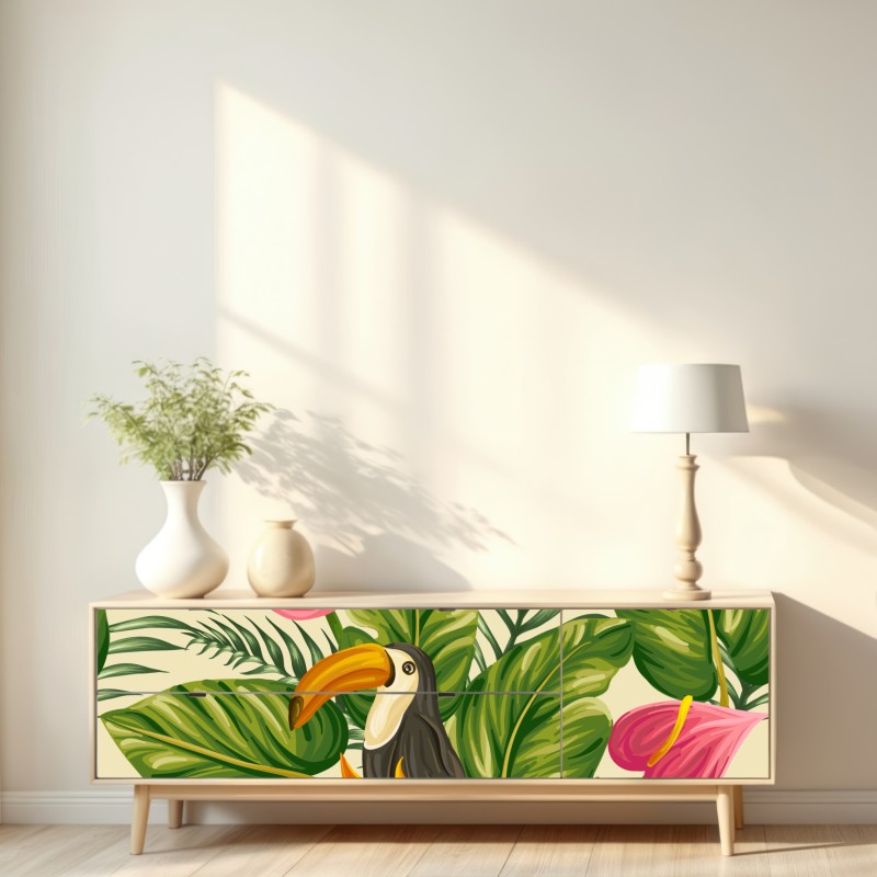 Repositionierbarer Aufkleber tropisches botanisches muster mit tukan – Wallnifity® Repositionierbarer Aufkleber tropisches botanisches muster mit tukan – Wallnifity®