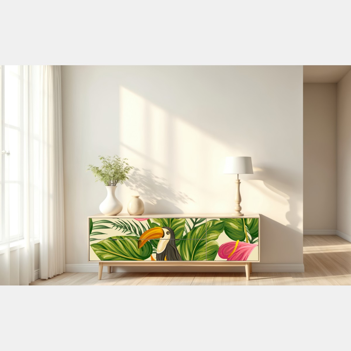 Repositionierbarer Aufkleber tropisches botanisches muster mit tukan – Wallnifity® Repositionierbarer Aufkleber tropisches botanisches muster mit tukan – Wallnifity®
