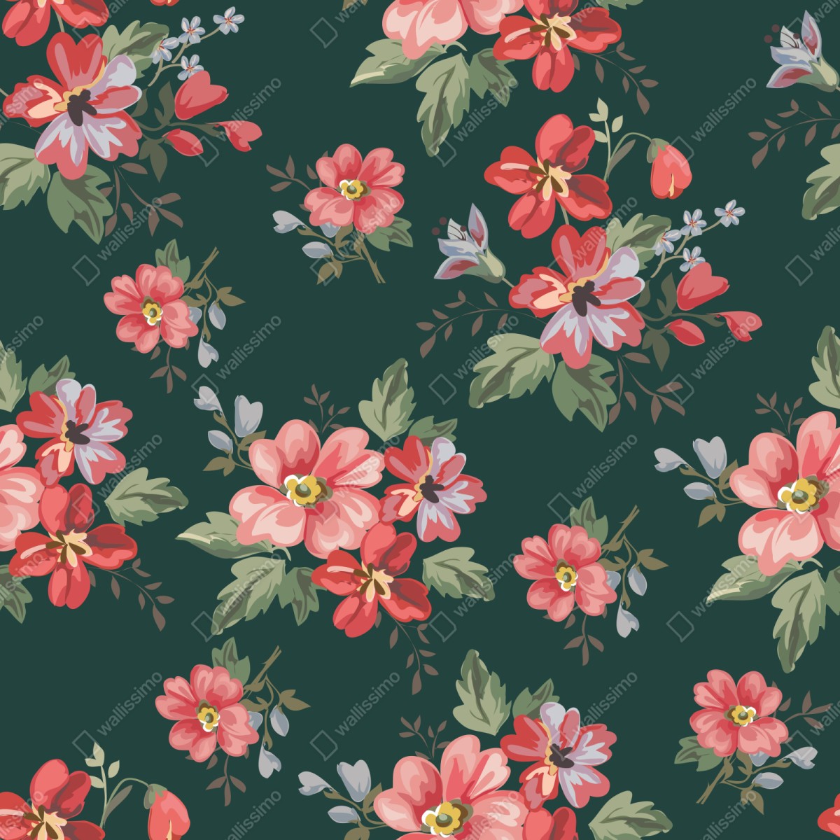 Repositionierbarer Aufkleber vintage rosa blumenmuster auf tiefgrün – Wallnifity® Repositionierbarer Aufkleber vintage rosa blumenmuster auf tiefgrün – Wallnifity®
