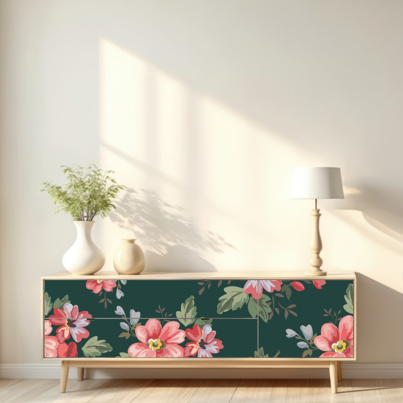 Repositionierbarer Aufkleber vintage rosa blumenmuster auf tiefgrün – Wallnifity® Repositionierbarer Aufkleber vintage rosa blumenmuster auf tiefgrün – Wallnifity®
