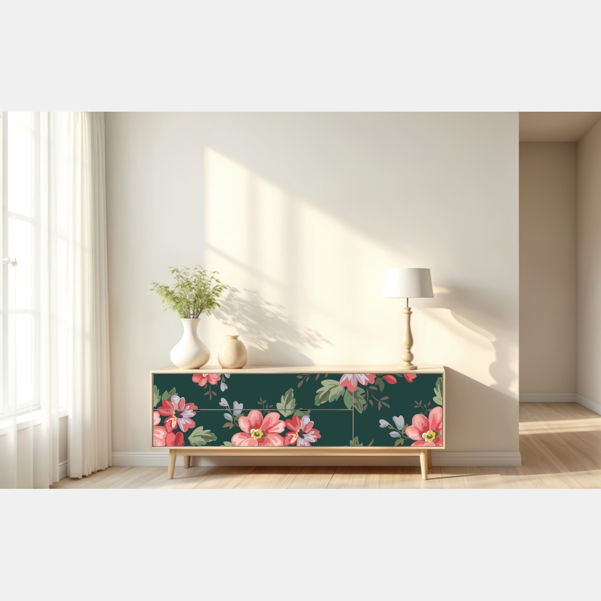 Repositionierbarer Aufkleber vintage rosa blumenmuster auf tiefgrün – Wallnifity® Repositionierbarer Aufkleber vintage rosa blumenmuster auf tiefgrün – Wallnifity®