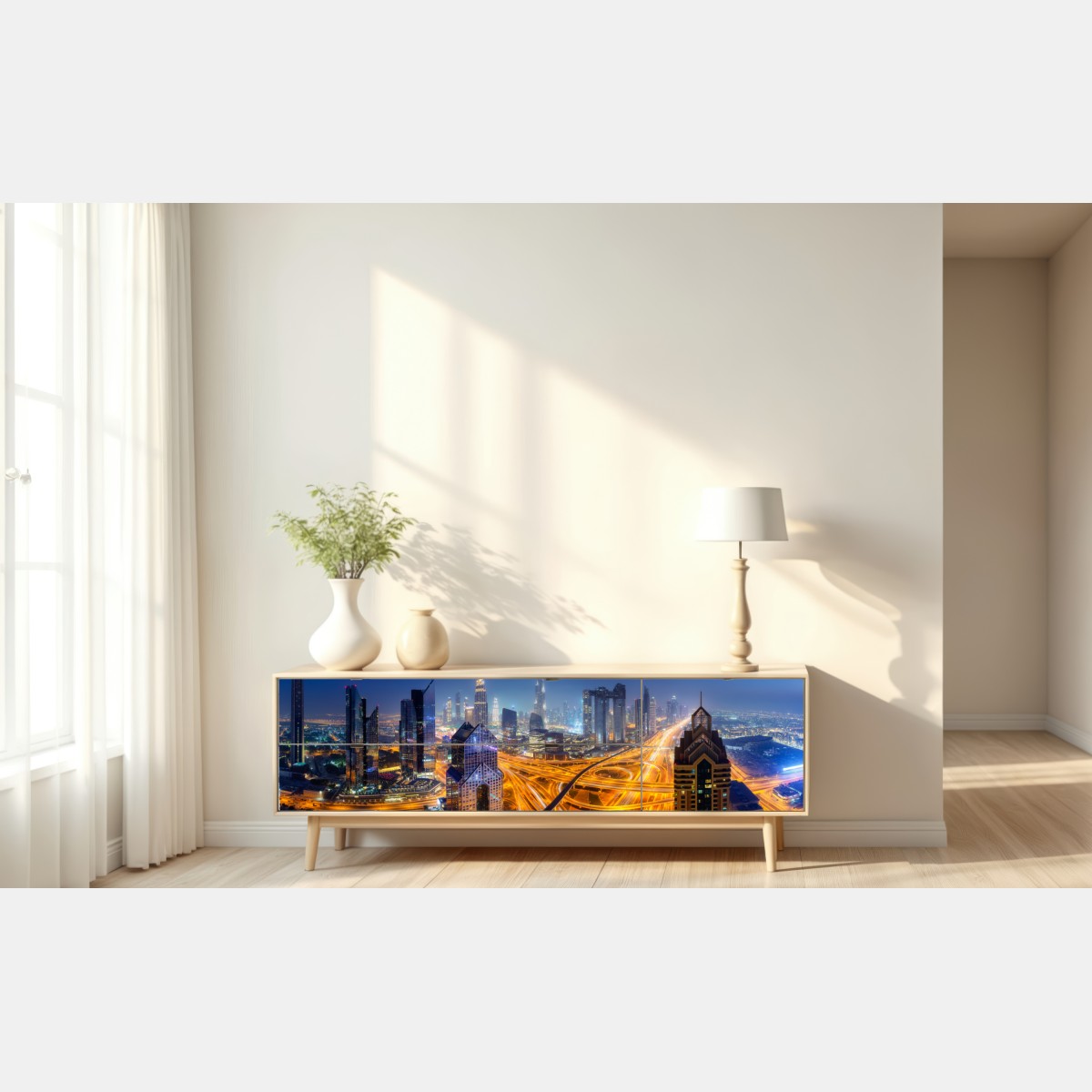 Repositionierbarer Aufkleber panorama der nächtlichen skyline von Dubai – Wallnifity® Repositionierbarer Aufkleber panorama der nächtlichen skyline von Dubai – Wallnifity®
