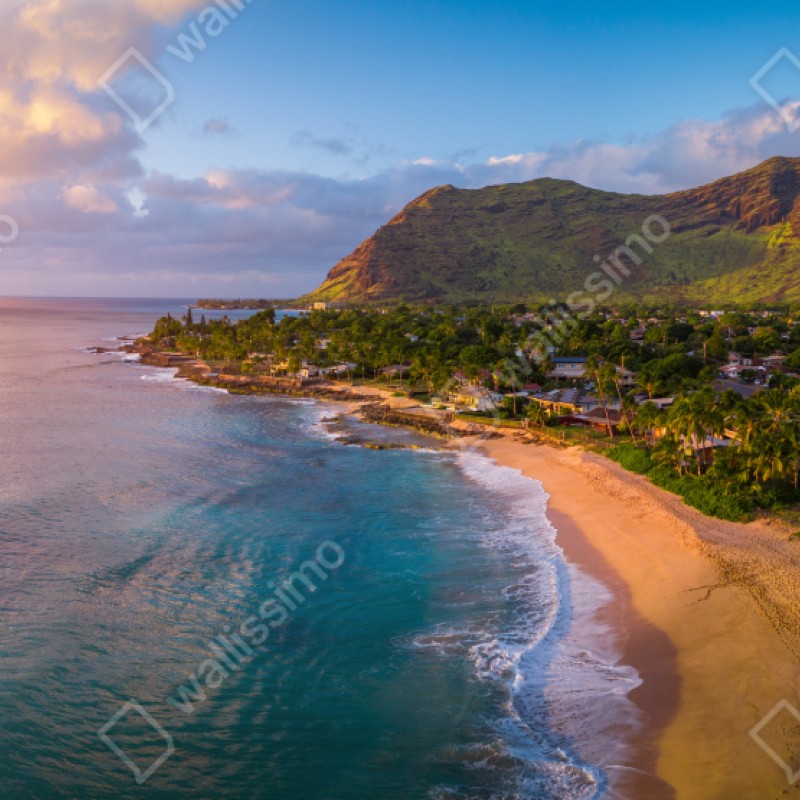 Repositionierbarer Aufkleber sonnenuntergang am strand panorama mit tropischen bergen – Wallnifity® Repositionierbarer Aufkleber sonnenuntergang am strand panorama mit tropischen bergen – Wallnifity®