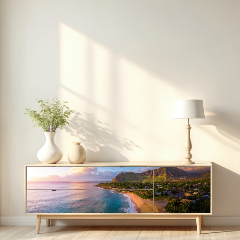 Repositionierbarer Aufkleber sonnenuntergang am strand panorama mit tropischen bergen – Wallnifity® Repositionierbarer Aufkleber sonnenuntergang am strand panorama mit tropischen bergen – Wallnifity®