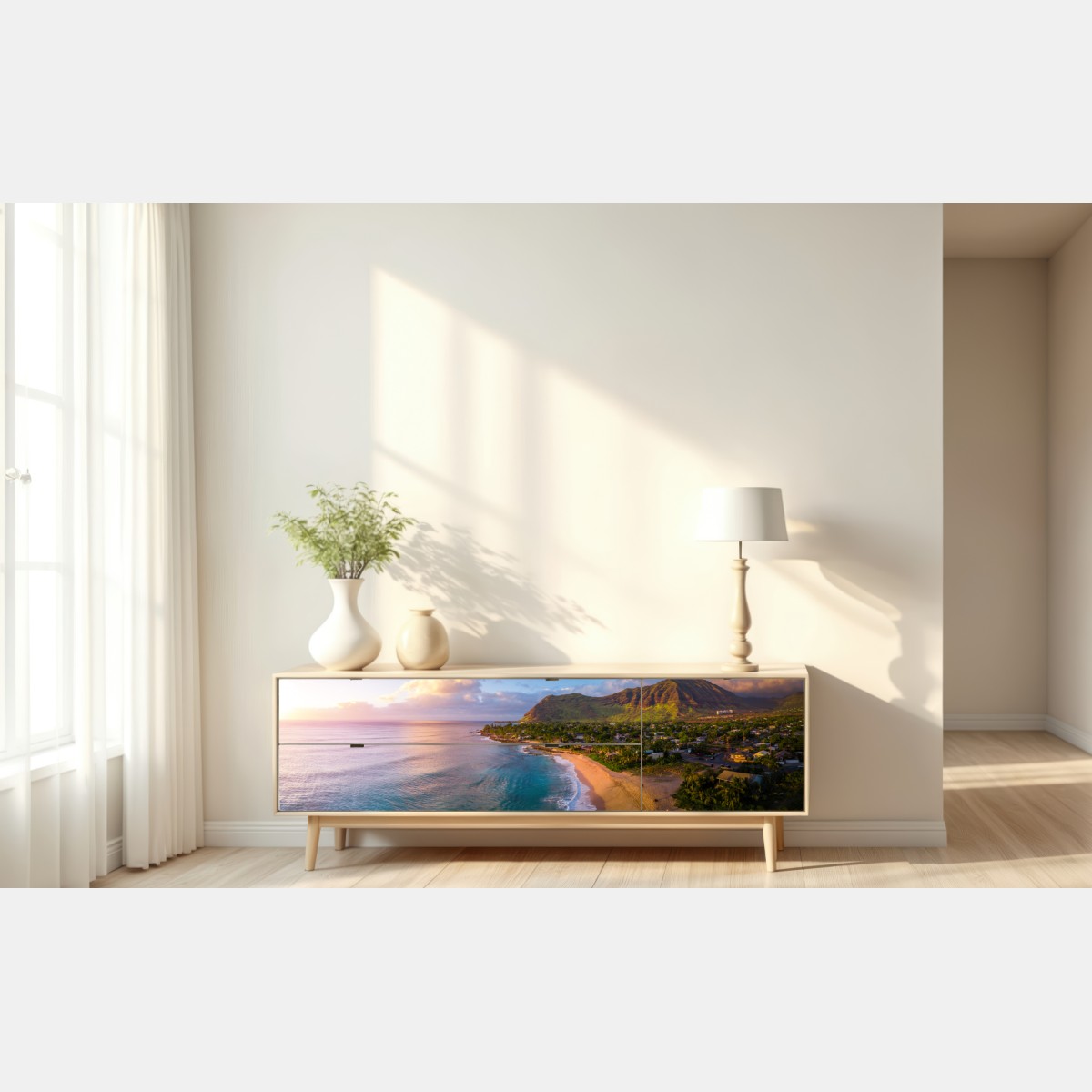 Repositionierbarer Aufkleber sonnenuntergang am strand panorama mit tropischen bergen – Wallnifity® Repositionierbarer Aufkleber sonnenuntergang am strand panorama mit tropischen bergen – Wallnifity®