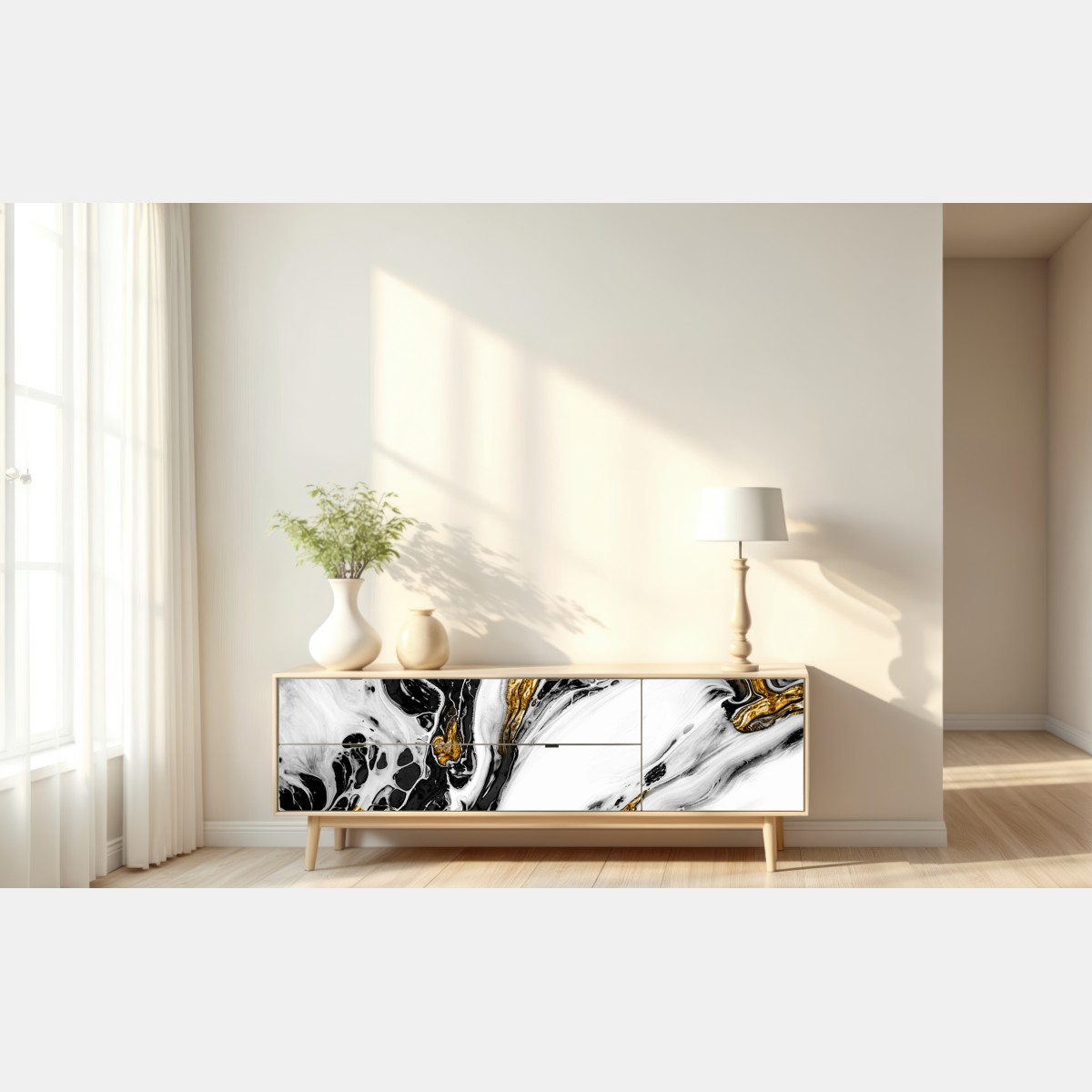 Repositionierbarer Aufkleber schwarz-weiße abstraktion mit goldenen adern – Wallnifity® Repositionierbarer Aufkleber schwarz-weiße abstraktion mit goldenen adern – Wallnifity®