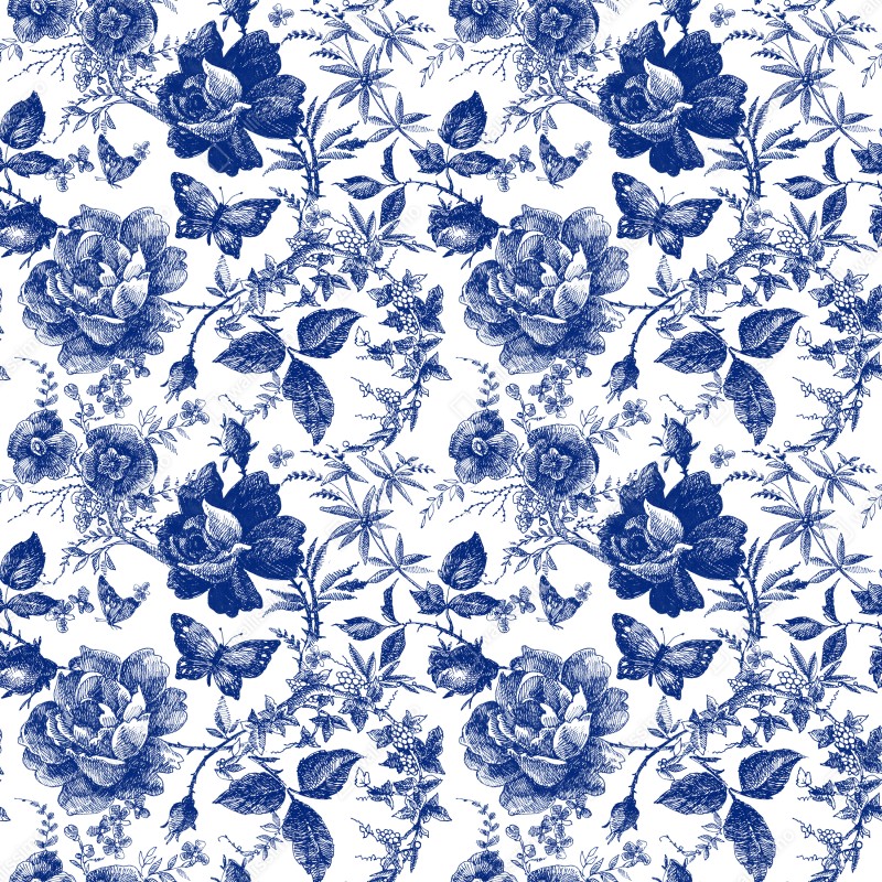 Repositionierbarer Aufkleber blaues blumen toile-muster – Wallnifity® Repositionierbarer Aufkleber blaues blumen toile-muster – Wallnifity®