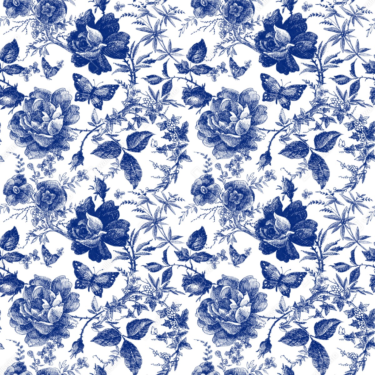 Repositionierbarer Aufkleber blaues blumen toile-muster – Wallnifity® Repositionierbarer Aufkleber blaues blumen toile-muster – Wallnifity®