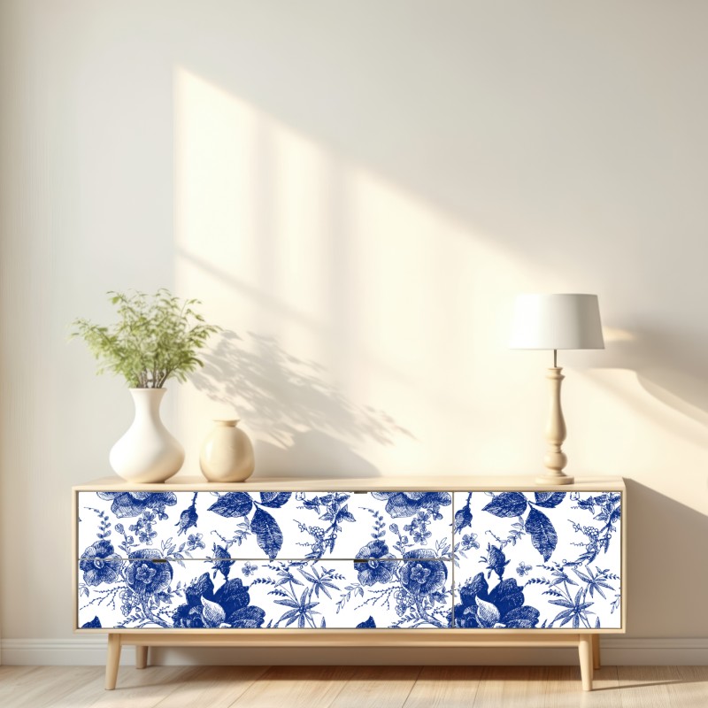 Repositionierbarer Aufkleber blaues blumen toile-muster – Wallnifity® Repositionierbarer Aufkleber blaues blumen toile-muster – Wallnifity®