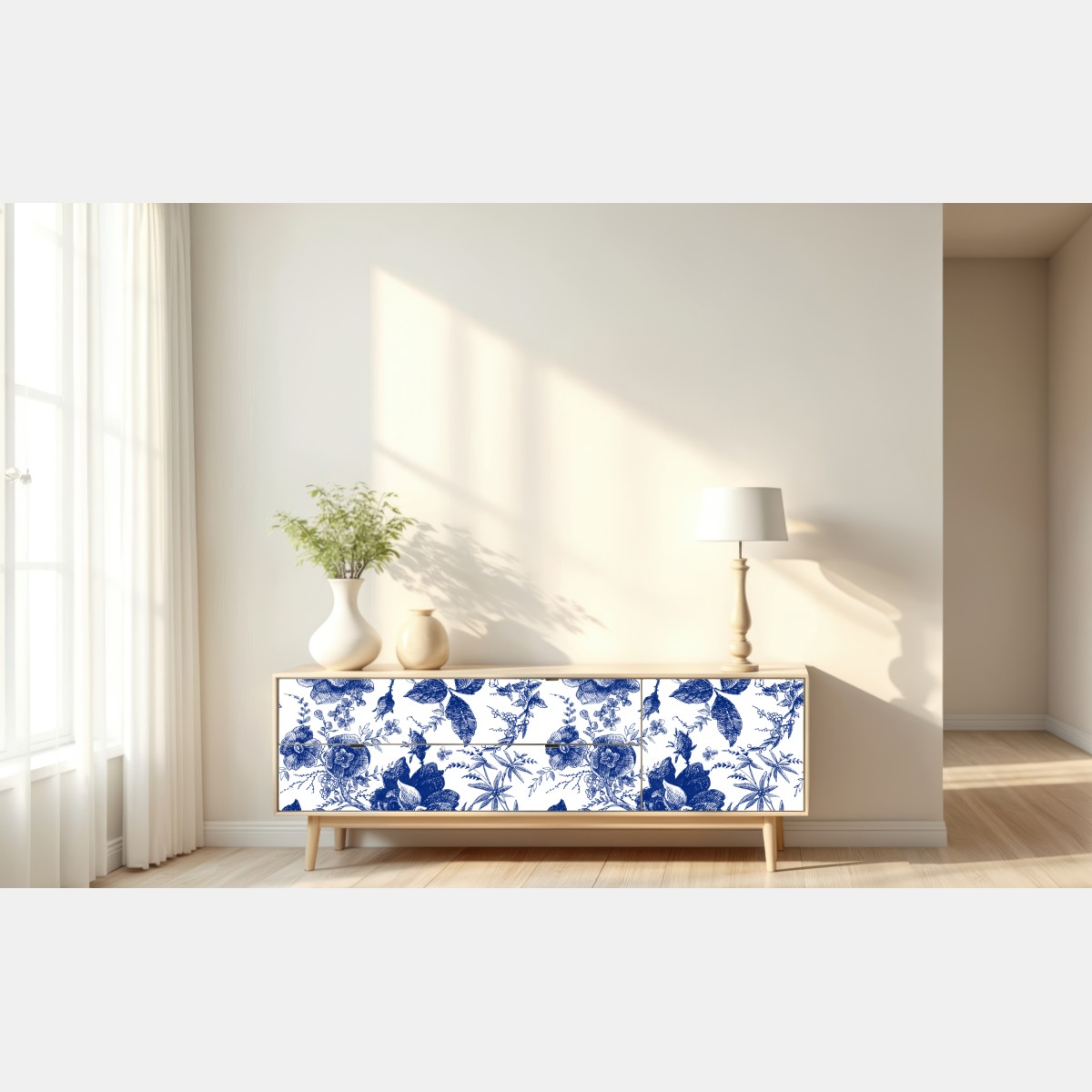 Repositionierbarer Aufkleber blaues blumen toile-muster – Wallnifity® Repositionierbarer Aufkleber blaues blumen toile-muster – Wallnifity®
