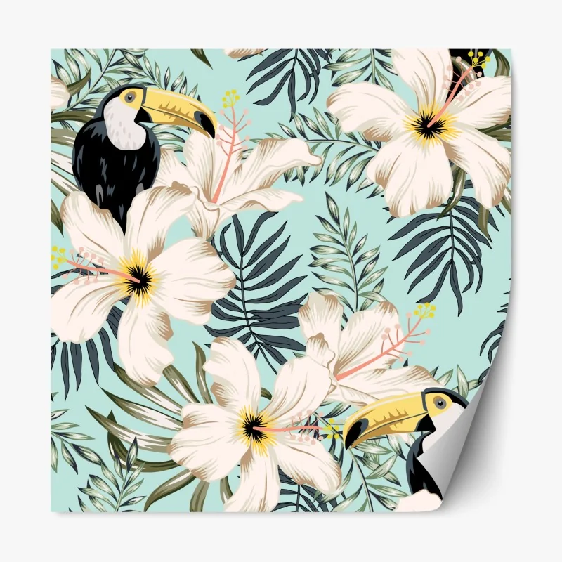 Repositionierbarer Aufkleber tropisches muster mit tukan und blumen