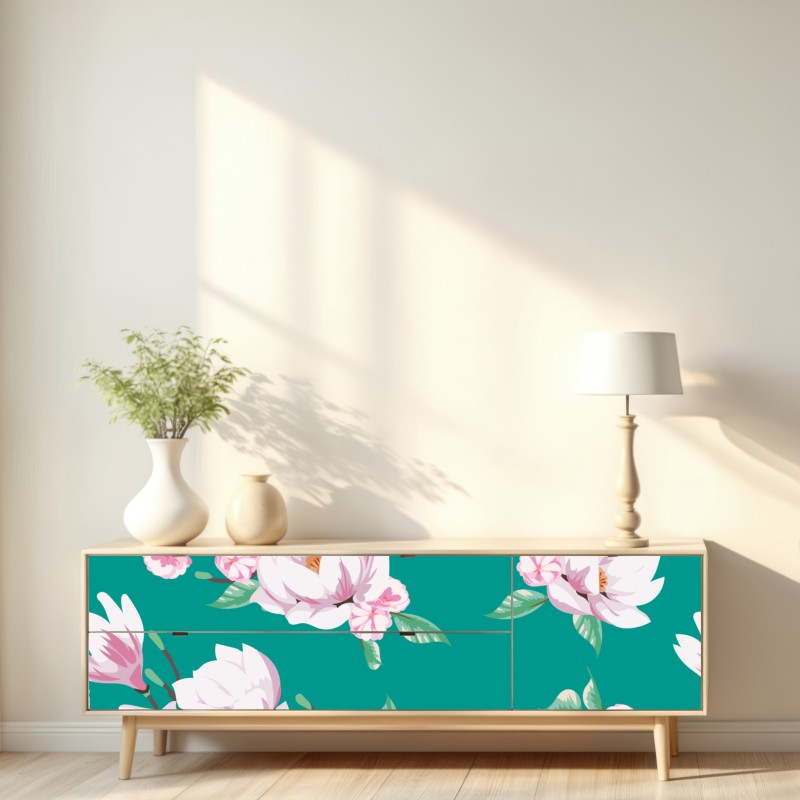 Repositionierbarer Aufkleber pastell magnolienmuster auf türkisfarbenem hintergrund – Wallnifity® Repositionierbarer Aufkleber pastell magnolienmuster auf türkisfarbenem hintergrund – Wallnifity®