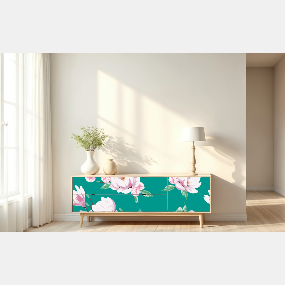 Repositionierbarer Aufkleber pastell magnolienmuster auf türkisfarbenem hintergrund – Wallnifity® Repositionierbarer Aufkleber pastell magnolienmuster auf türkisfarbenem hintergrund – Wallnifity®