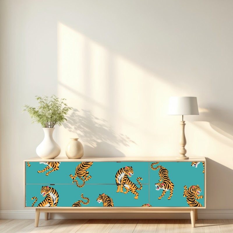 Repositionierbarer Aufkleber stilisiertes tigermuster auf türkisfarbenem hintergrund – Wallnifity® Repositionierbarer Aufkleber stilisiertes tigermuster auf türkisfarbenem hintergrund – Wallnifity®